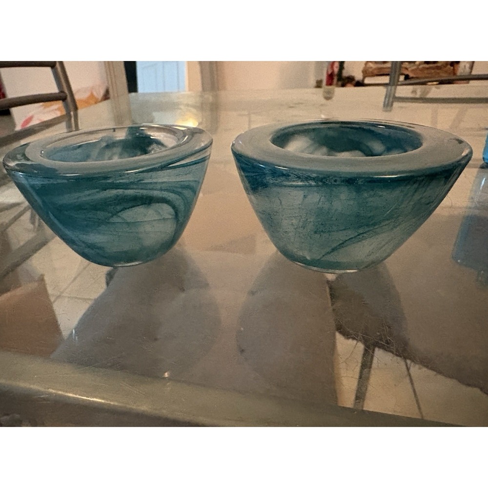 VTG PartyLite Teal Blue Swirl Heavy Glass Votive Tealight Candle Holders Pair